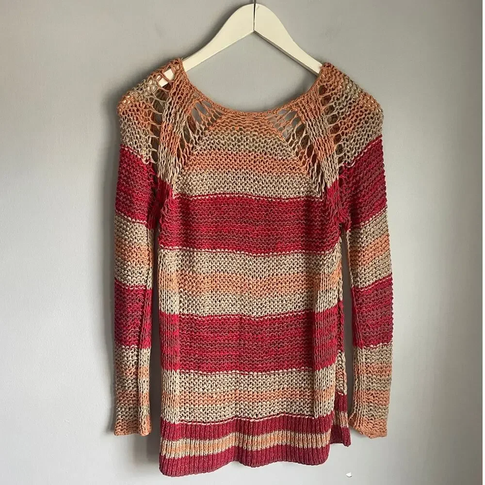 Free People Desert Moon Slouchy Fisherman Open Knit Sweater Pink Striped XS